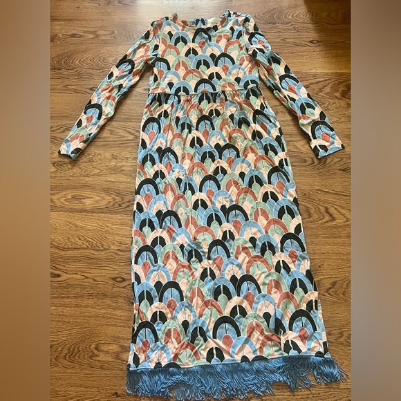 Cara cara dress xs mod vtg 70s 60s retro hippie fringe maxi tassle geometric fun - Picture 2 of 10